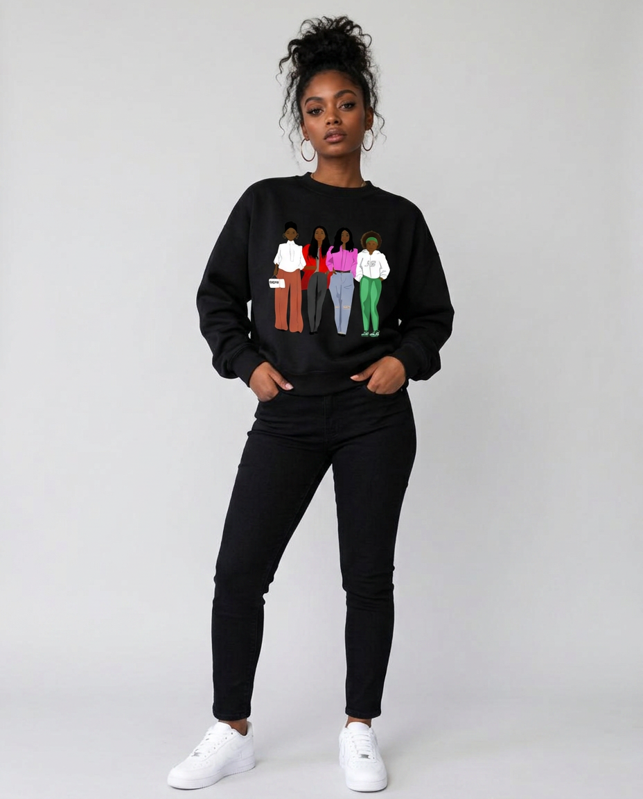 Model wearing the black crewneck with the four women graphic, black jeans and white sneakers