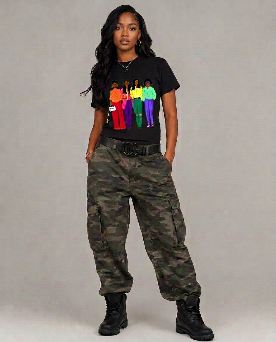 Model in the Fashion Bold short sleeve tee with camo cargo pants