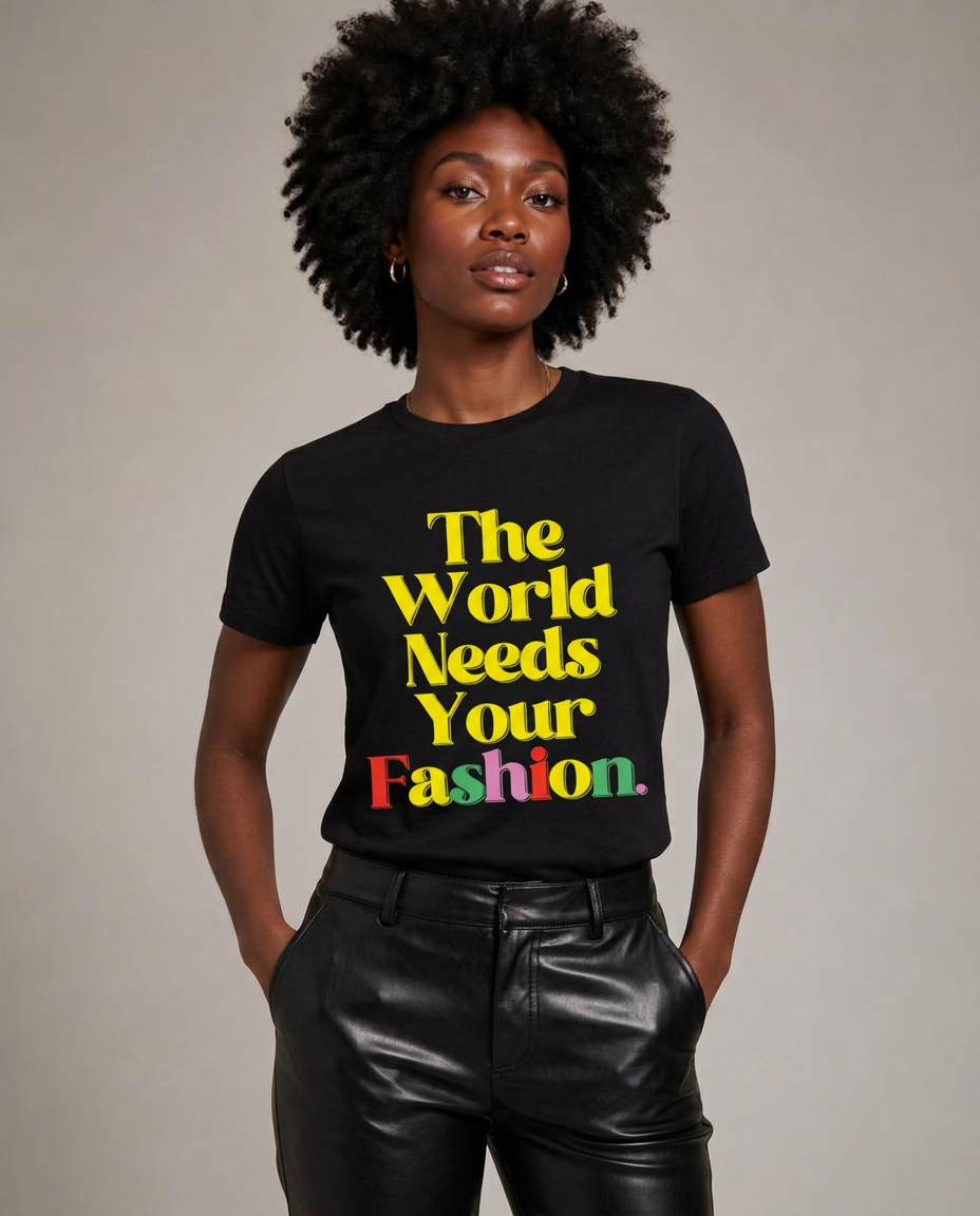 Model in The World Needs Your Fashion short sleeve t-shirt with black leather pants