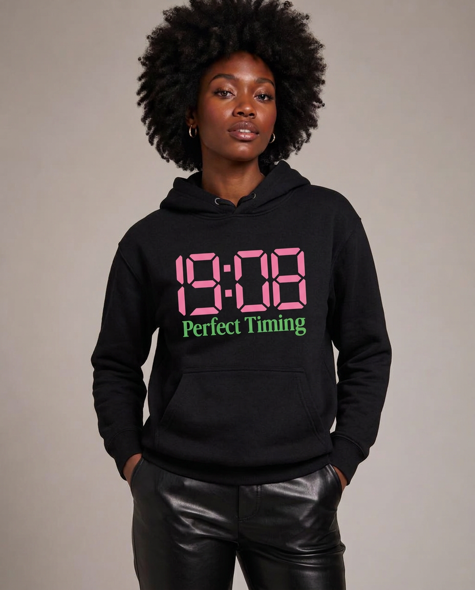 Model in the black 1908 Perfect Timing hoodie with black leather pants