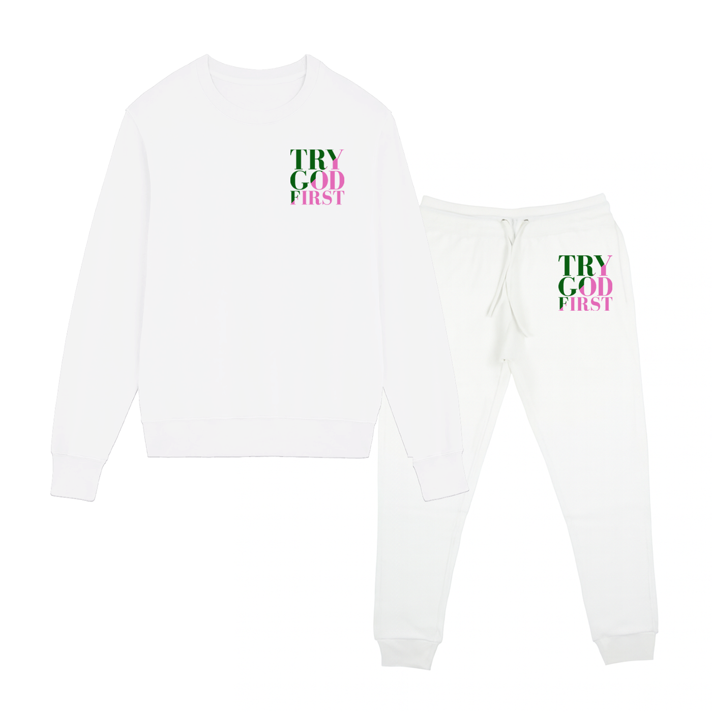 Try God First - Deuteronomy 31:6 - Set Crewneck and Jogger Pink and Green