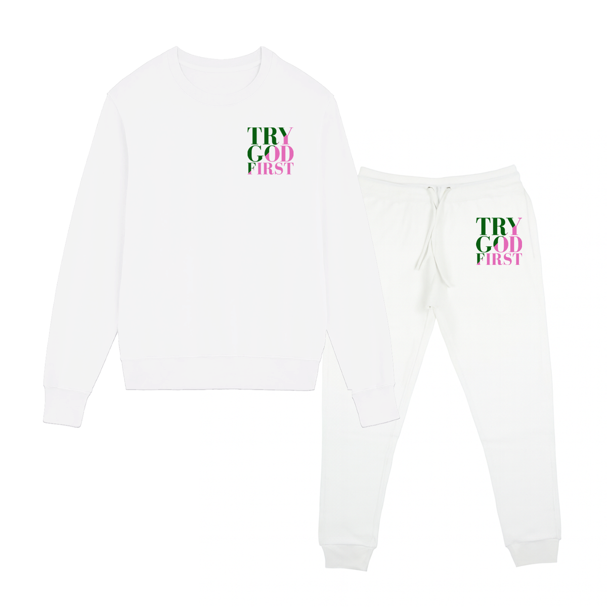 Try God First - Deuteronomy 31:6 - Set Crewneck and Jogger Pink and Green