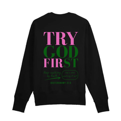 Try God First - Deuteronomy 31:6 - Set Crewneck and Jogger Pink and Green